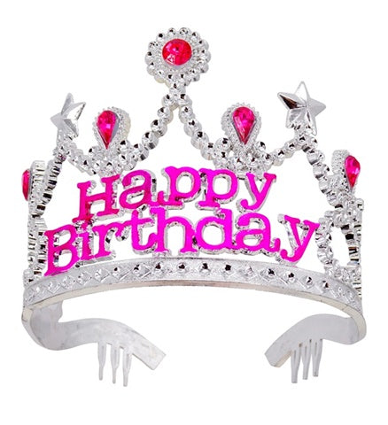 "SILVER HAPPY BIRTHDAY TIARA WITH PINK GEMS"