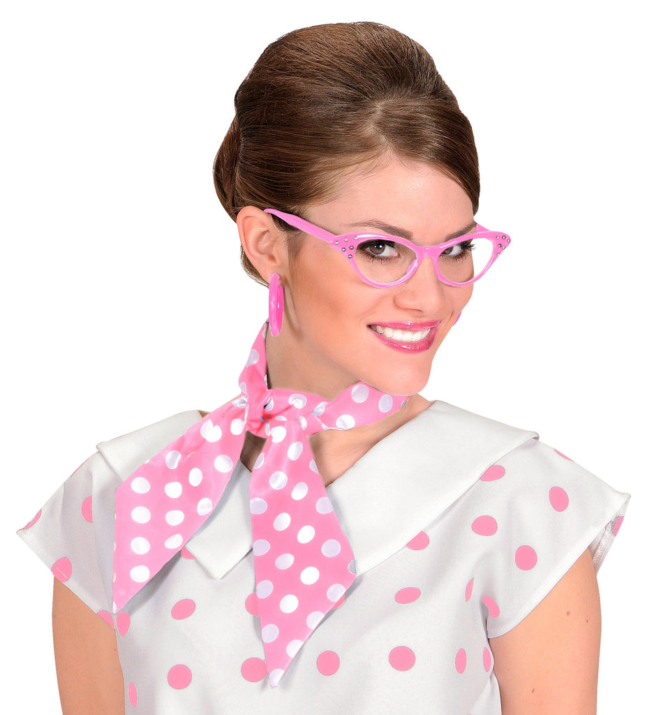 50s Fashion Satin Polka Dot Neck Scarf, Pink and white