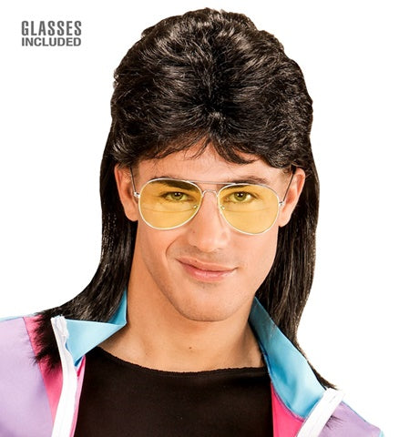 "BLACK 80's MULLET WIG WITH GLASSES" in polybag