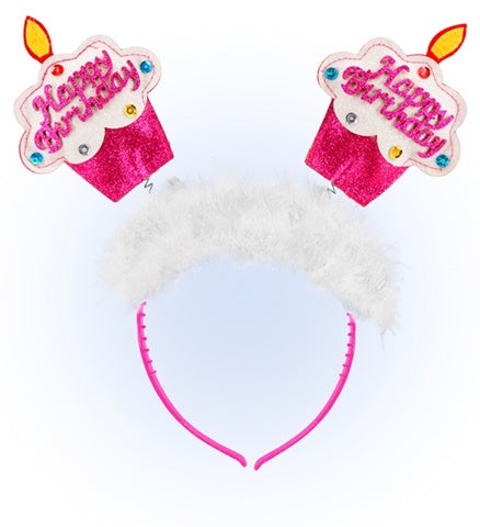 PINK HAPPY BIRTHDAY CAKE HEAD BOPPER WITH MARABOU
