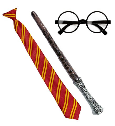 WIZARD APPRENTICE" (student glasses with lenses, tie, magic wand) Potter