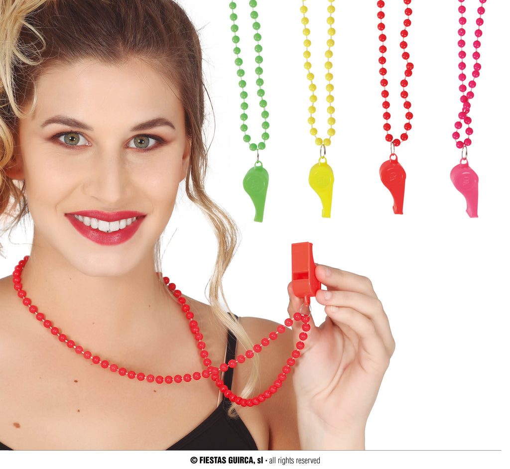 WHISTLE NECKLACE NEON ASSORTED, PACK OF 4
