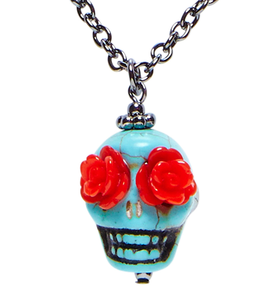 ** SALE **Day Of The Dead Jade Skull Red Rose Necklace