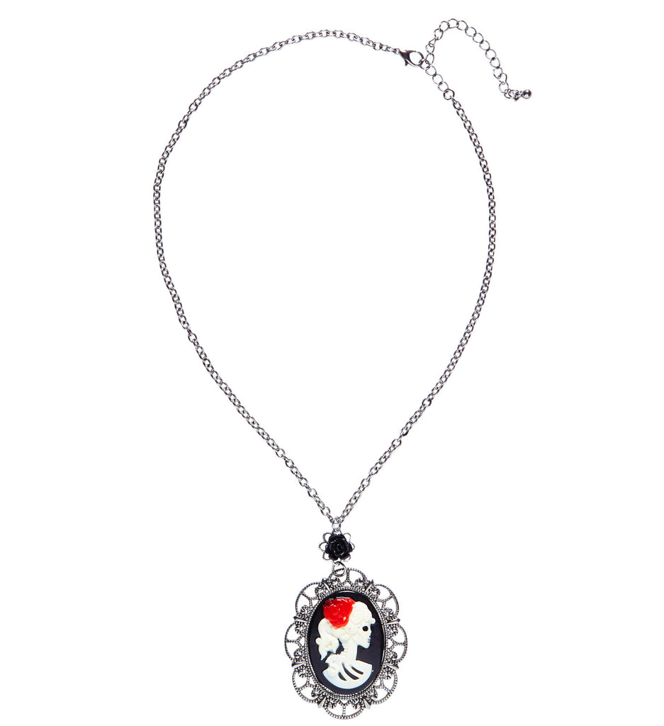 DAY OF THE DEAD Necklace with Black rose and skull cameo,