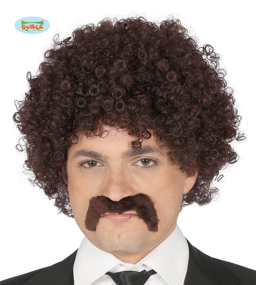 Brown Curly Wig with Moustache