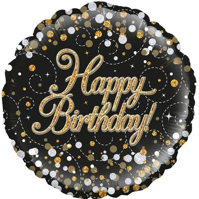 Holographic Foil Happy Birthday Black and Gold Balloon
