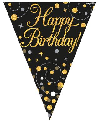 Party Bunting Sparkling Fizz Birthday Black & Gold Holographic 11 flags 3.9m