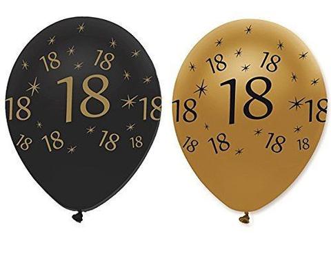 Gold and Black Latex Balloons, Age 18, 6 Pack