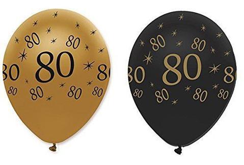 Gold and Black Latex Balloons, Age 80, 6 Pack