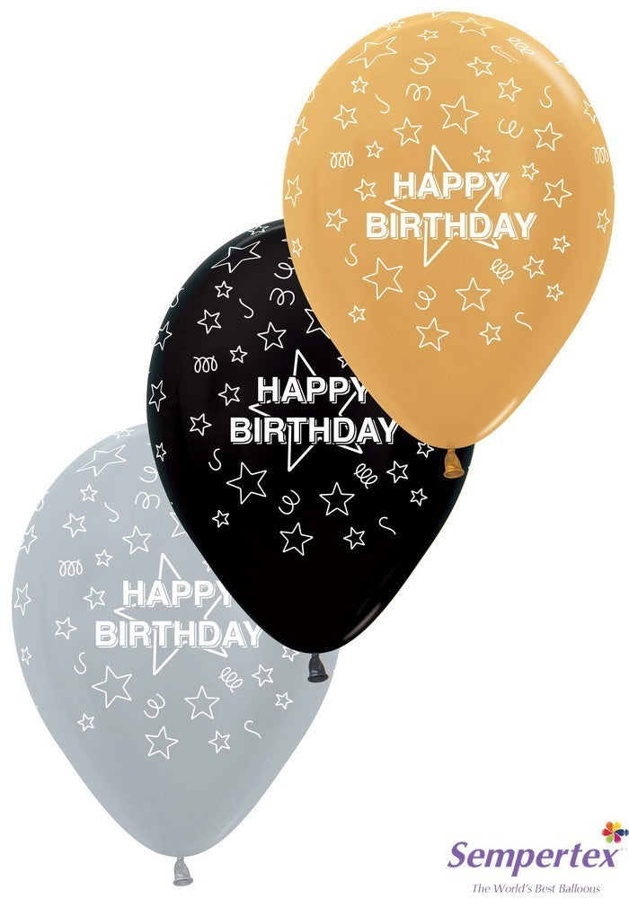 Happy Birthday Latex, Gold, Silver & Black 6CT