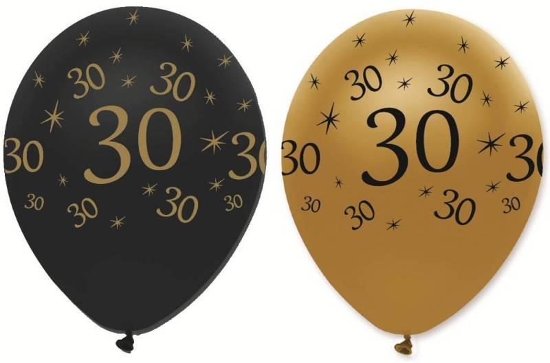Gold and Black Latex Balloons, Age 30, 6 Pack